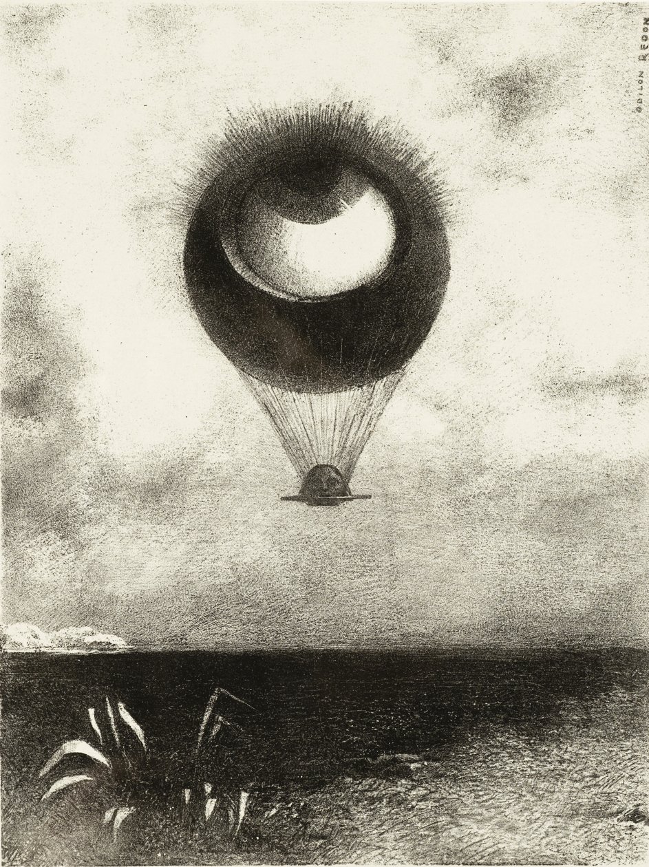 العين ، مثل بالون غريب ، تتجه نحو اللانهاية. السلسلة: لإدغار بو ، 1882 بواسطة Odilon Redon