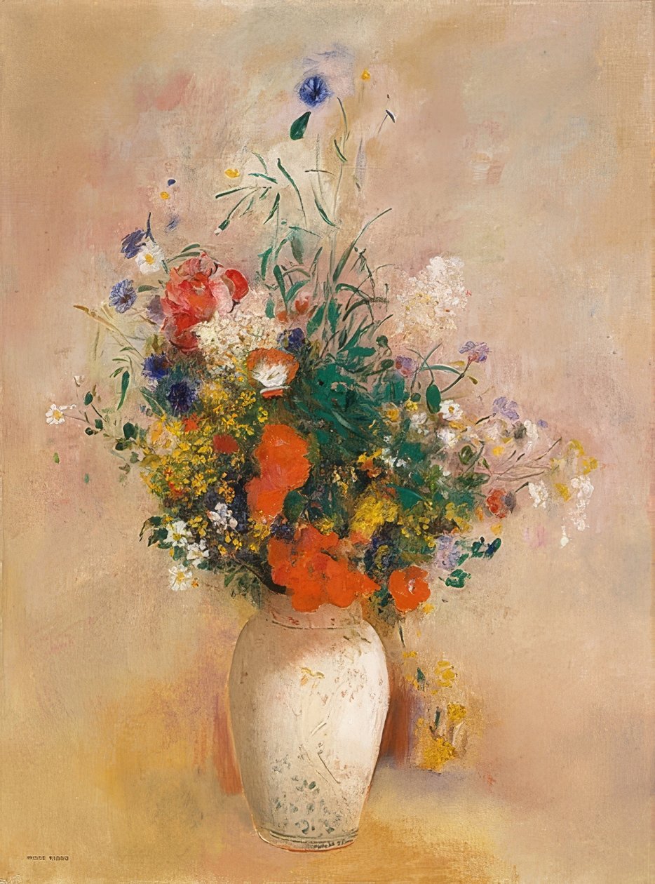 مزهرية بالورود (خلفية ملونة وردية). حوالي عام 1906 بواسطة Odilon Redon
