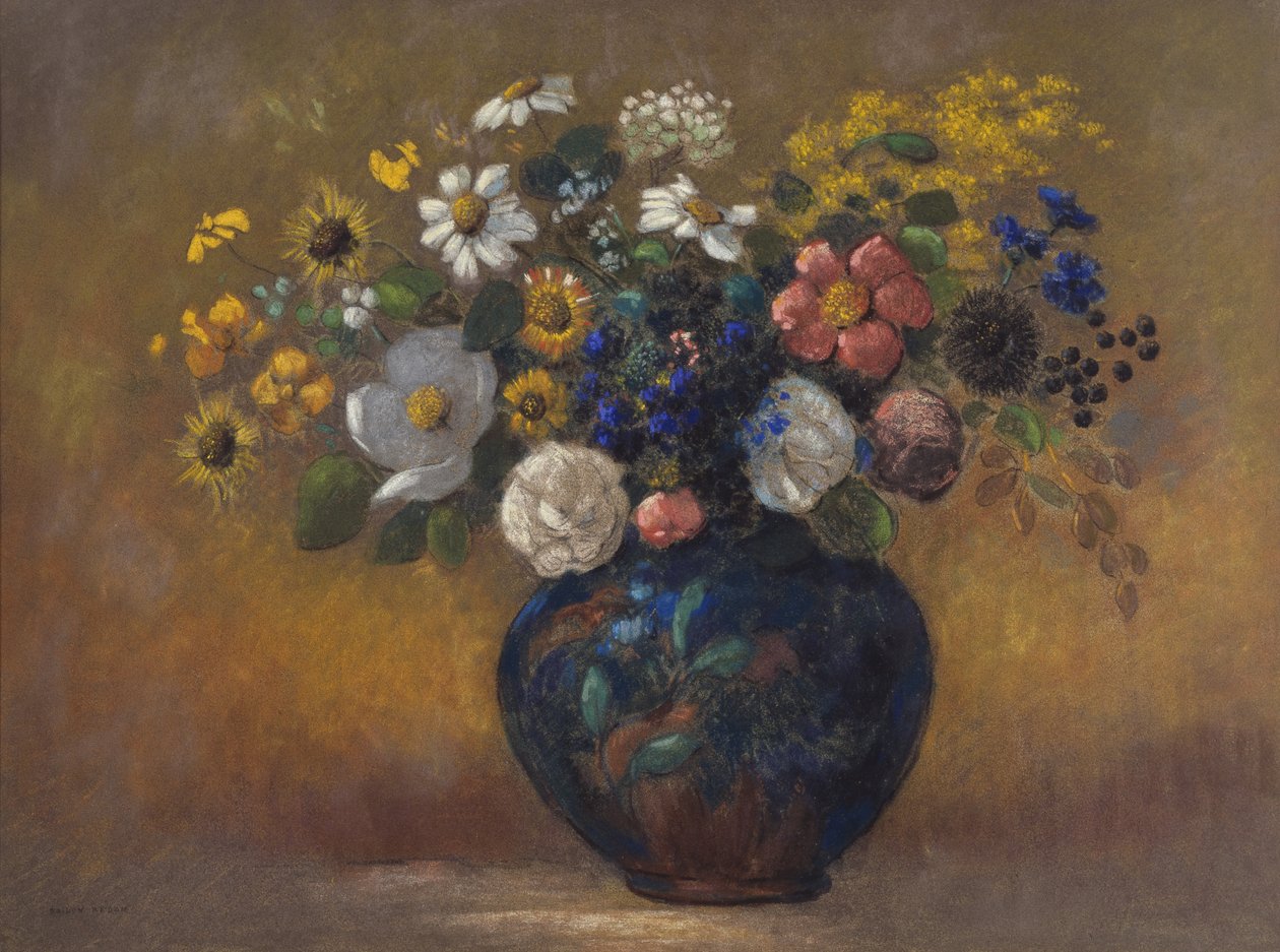 زهور برية في مزهرية ، حوالي عام 1910 (باستيل على اللوح) بواسطة Odilon Redon