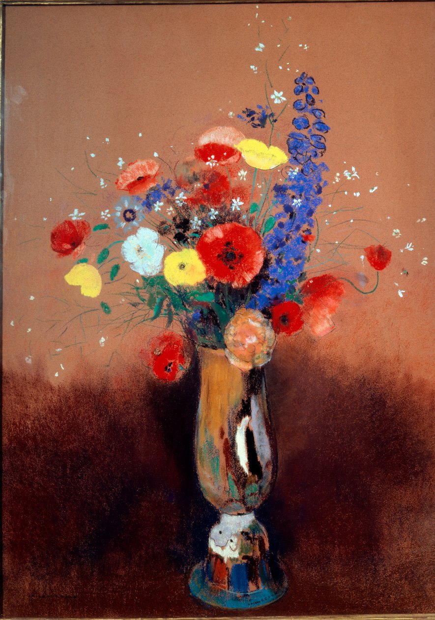 Wild flowers in a Long-necked Vase, ca 1912 (pastel on paper) بواسطة Odilon Redon