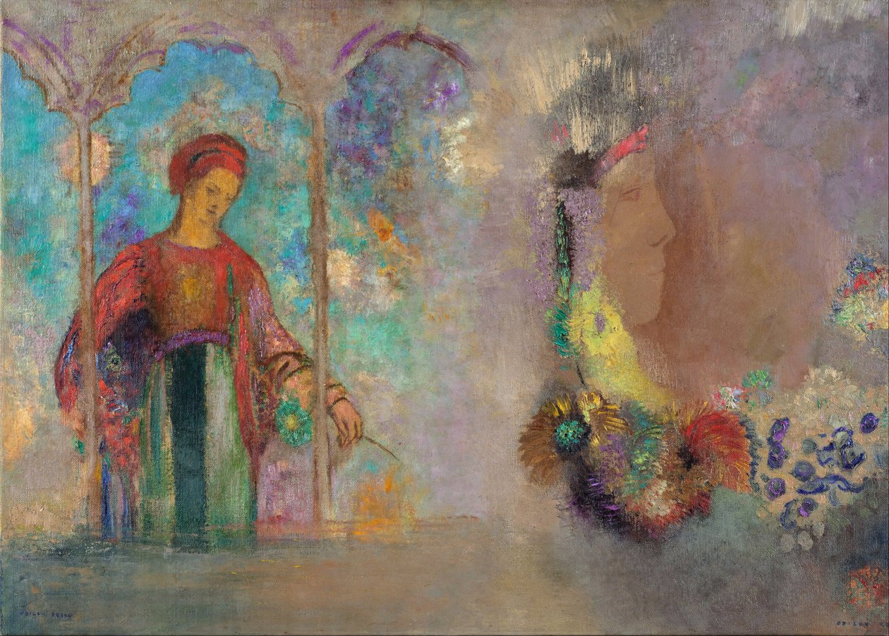 امرأة في رواق قوطي - امرأة مع أزهار - Peinture de Odilon Redon (1840-1916) بواسطة Odilon Redon