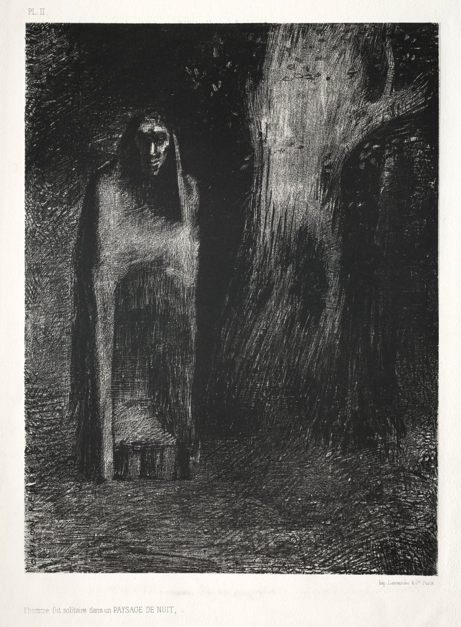 الليل: كان الرجل وحيدًا في منظر ليلي 1886. بواسطة Odilon Redon Lemercier و Cie.