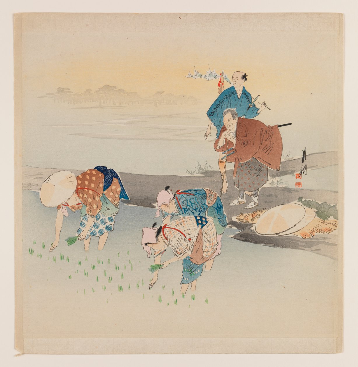 رجل وامرأة يزرعان الأرز ، c.1890-1910 (طبعة خشبية ملونة) بواسطة أوغاتا جيكو