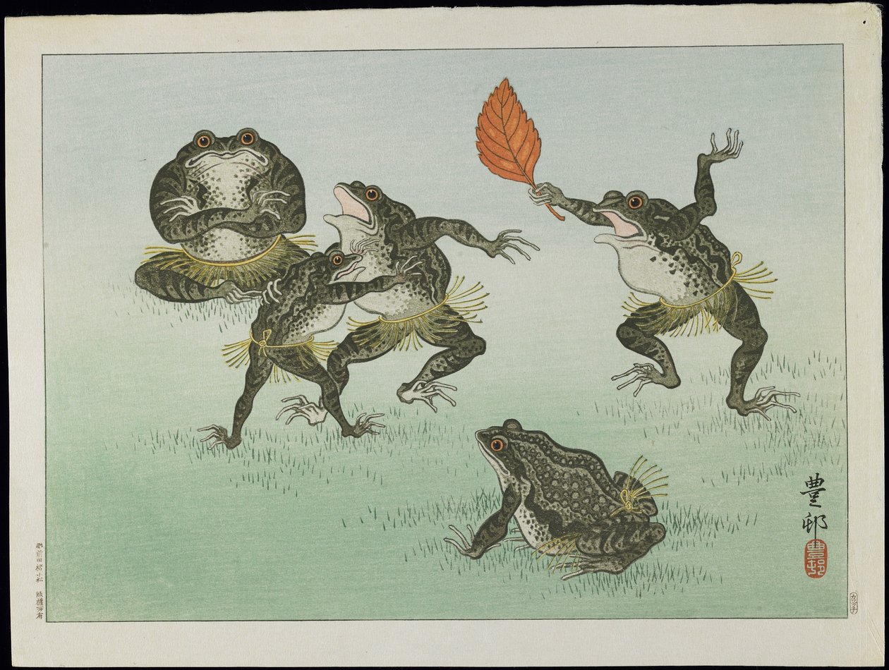 Frogs Wrestling، 1930s (طبعة خشبية ملونة) بواسطة اوهارا كوسون