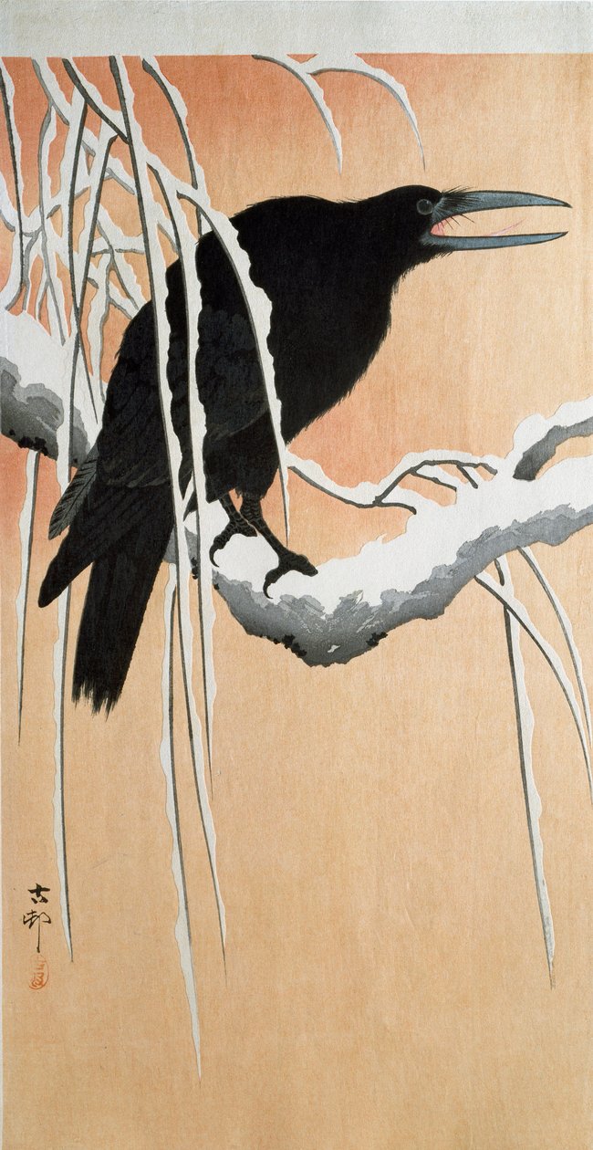 غراب على فرع ثلجي Xylography وطباعة يابانية بواسطة Ohara Koson (1877-1945) 1910 مجموعة خاصة DR بواسطة اوهارا كوسون