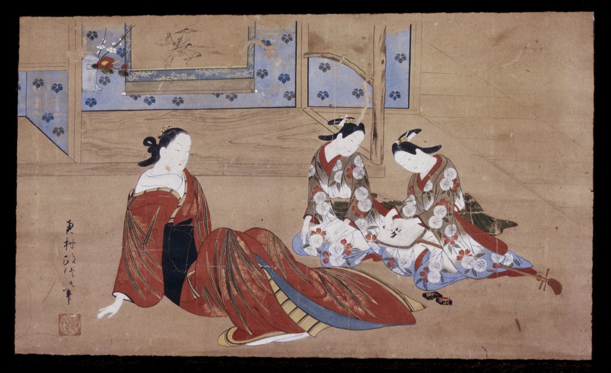 Nikuhitsu ukiyo-e: Courtesan and Two Attendant، c. 1735 (حبر ، لون و gofun على ورق) بواسطة أوكومورا ماسانوبو