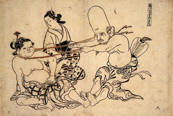 Fukurojin يحاول رفع Wench (طباعة على الخشب) بواسطة أوكومورا ماسانوبو