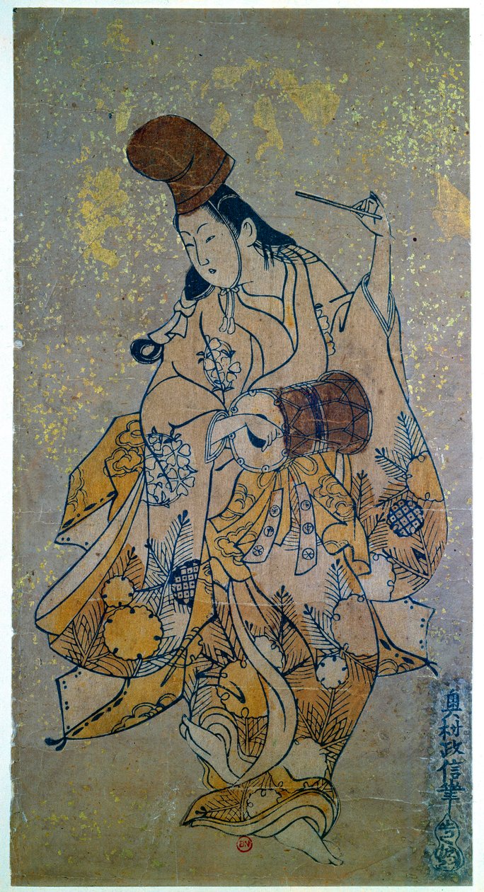 موسيقي او عازف. امرأة تعزف على الطبل. طباعة يابانية بواسطة Okumura Masanobu (1686-1764) بواسطة أوكومورا ماسانوبو