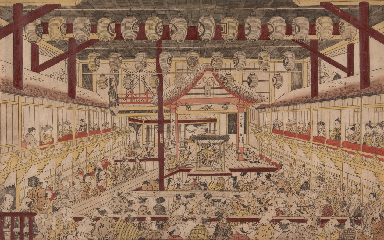 نظرة منظورية للداخلية لمسرح ناكامورا مع إيشيكاوا إبيزو الثاني مثل يانون غورو ، 1740 بواسطة أوكومورا ماسانوبو