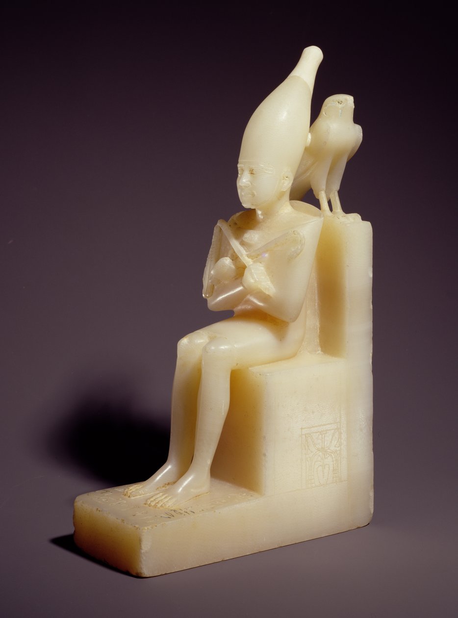 تمثال صغير جالس من Pepi I (2289-2255 قبل الميلاد) مع حورس فالكون (المرمر) بواسطة المملكة القديمة المصرية