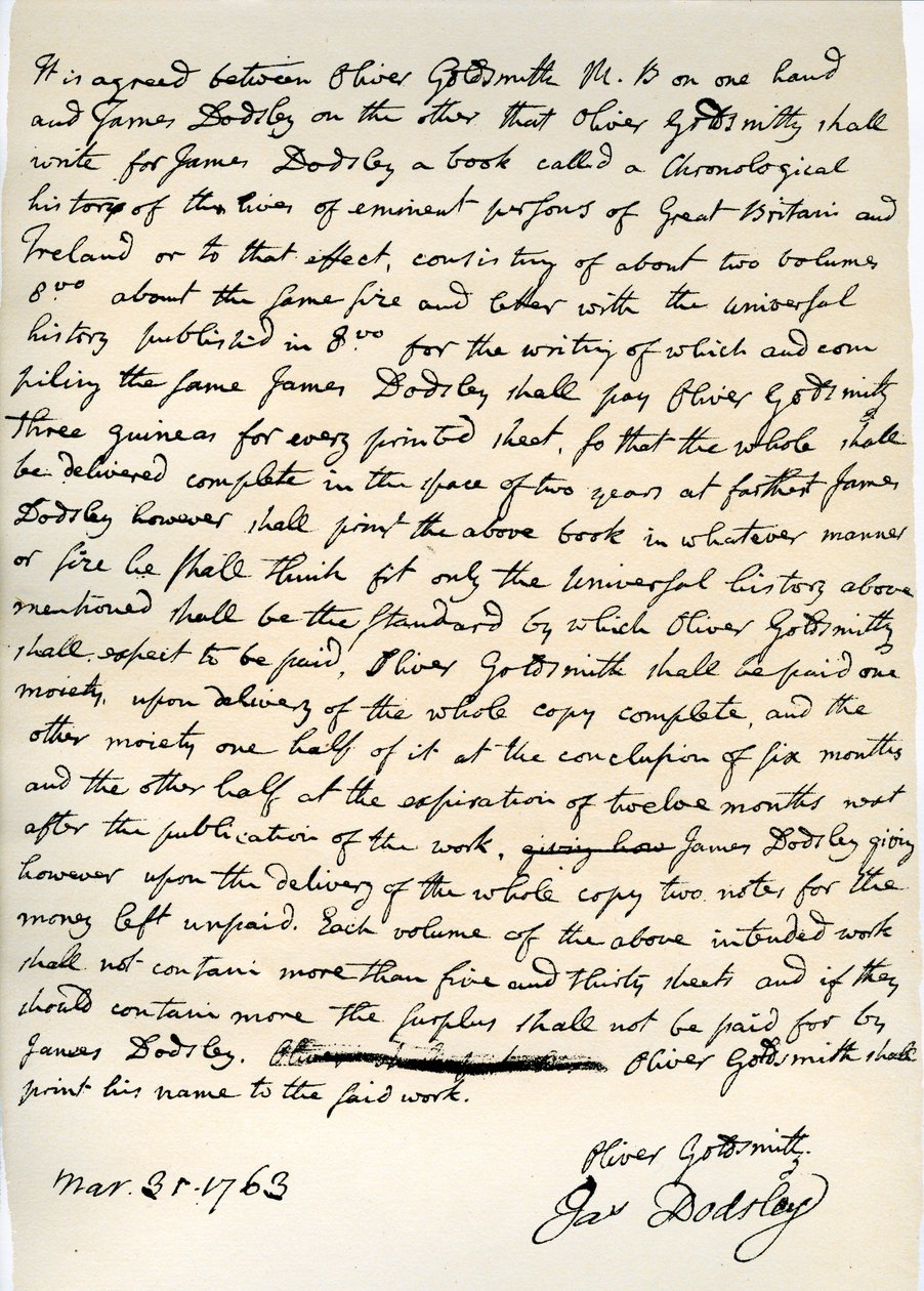 موافقة أوليفر غولدسميث على الكتابة لجيمس دودسلي ، 31 مارس 1763. بواسطة أوليفر جولدسميث