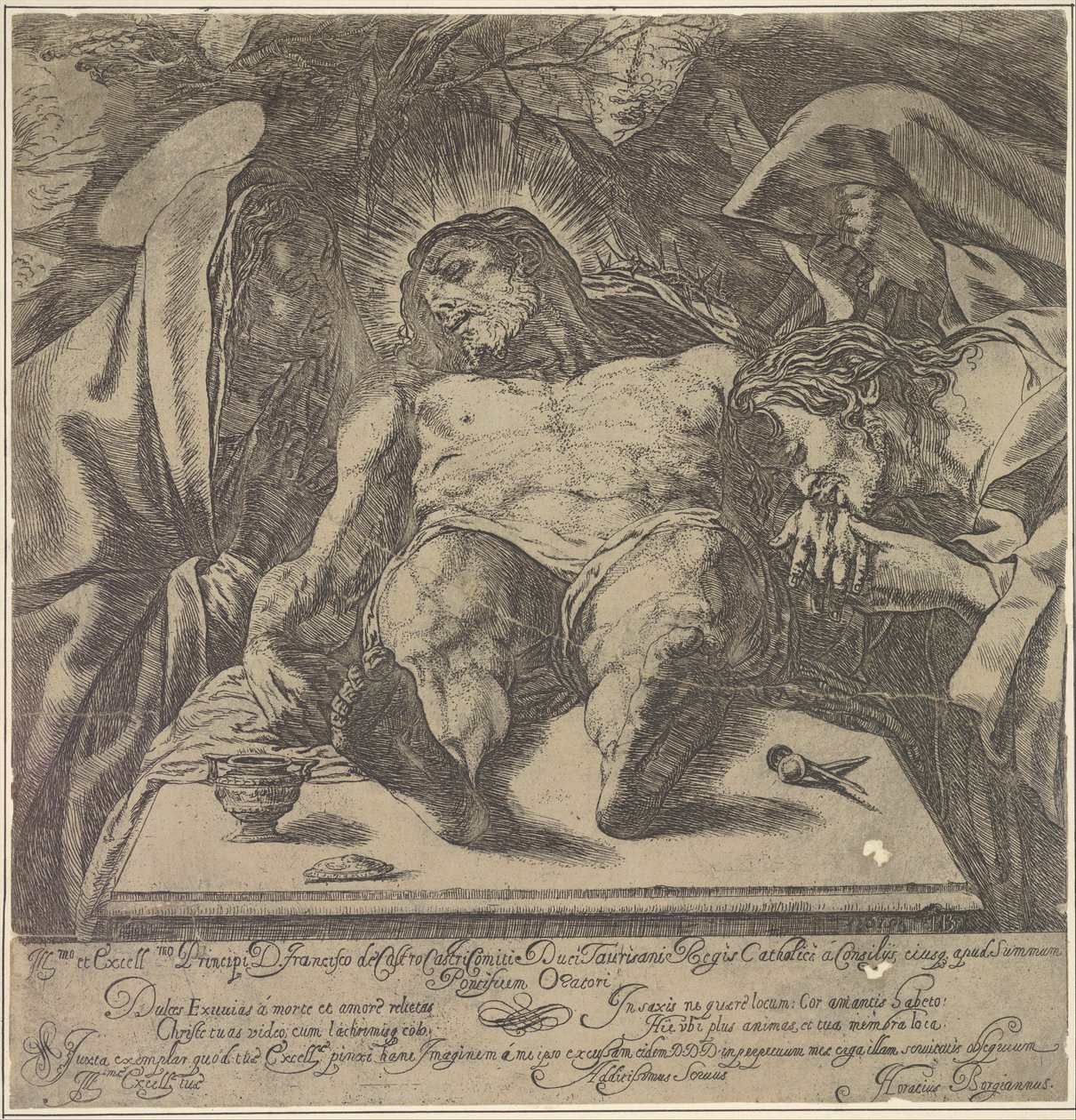 رثاء على جسد المسيح من قبل المريمات الثلاث ، مرطبان على الطاولة إلى ... ، 1615. بواسطة أورازيو بورجياني