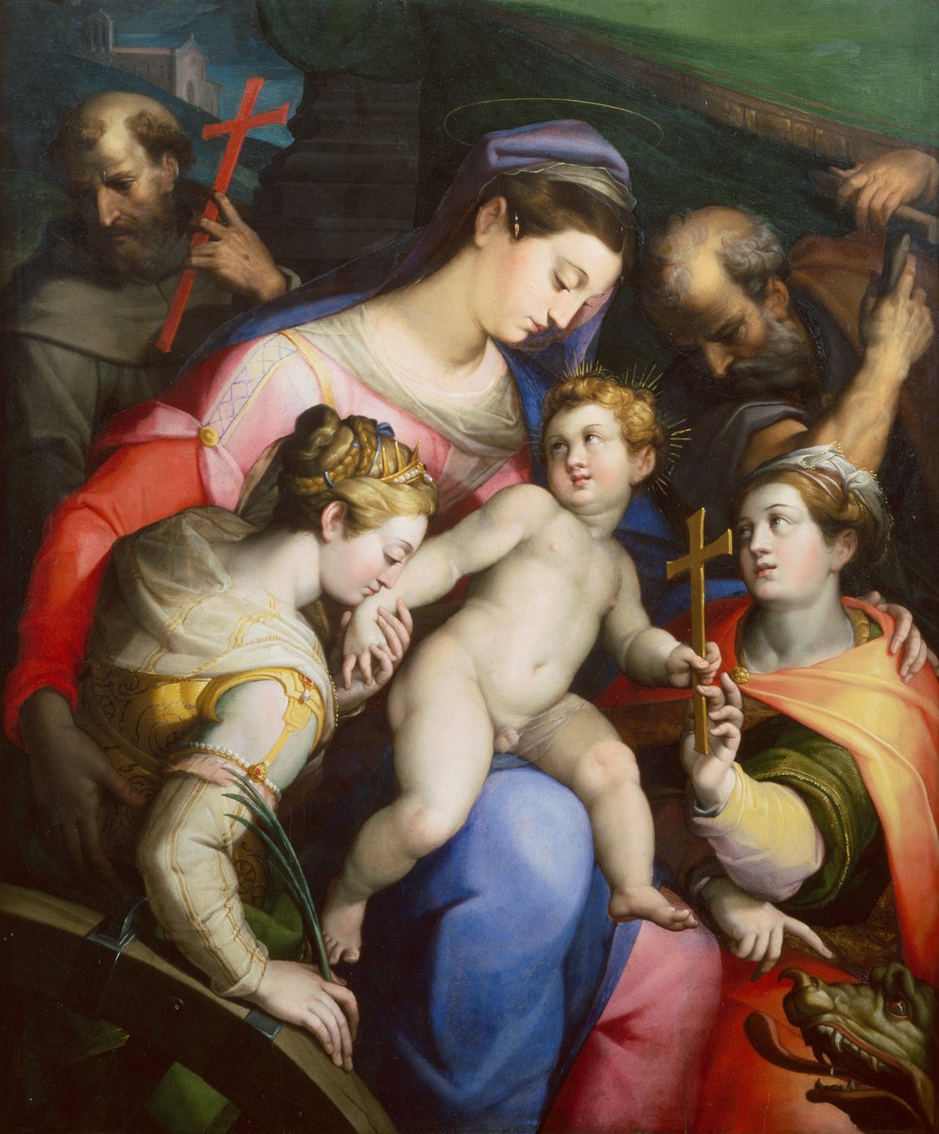 العائلة المقدسة مع القديسين مارغريت وكاثرين وفرانسيس (زيت) بواسطة Orazio Samacchini
