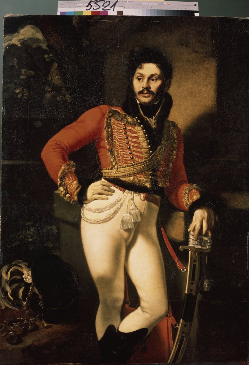 صورة للعقيد هوسار يوجراف دافيدوف (1775-1823). (صورة للعقيد هوسار إي دافيدوف). لوحة لأوريست أداموفيتش كيبرينسكي (كيبرينسكي) (1782-1836) ، زيت على قماش بواسطة أوريست أداموفيتش كيبرينسكي