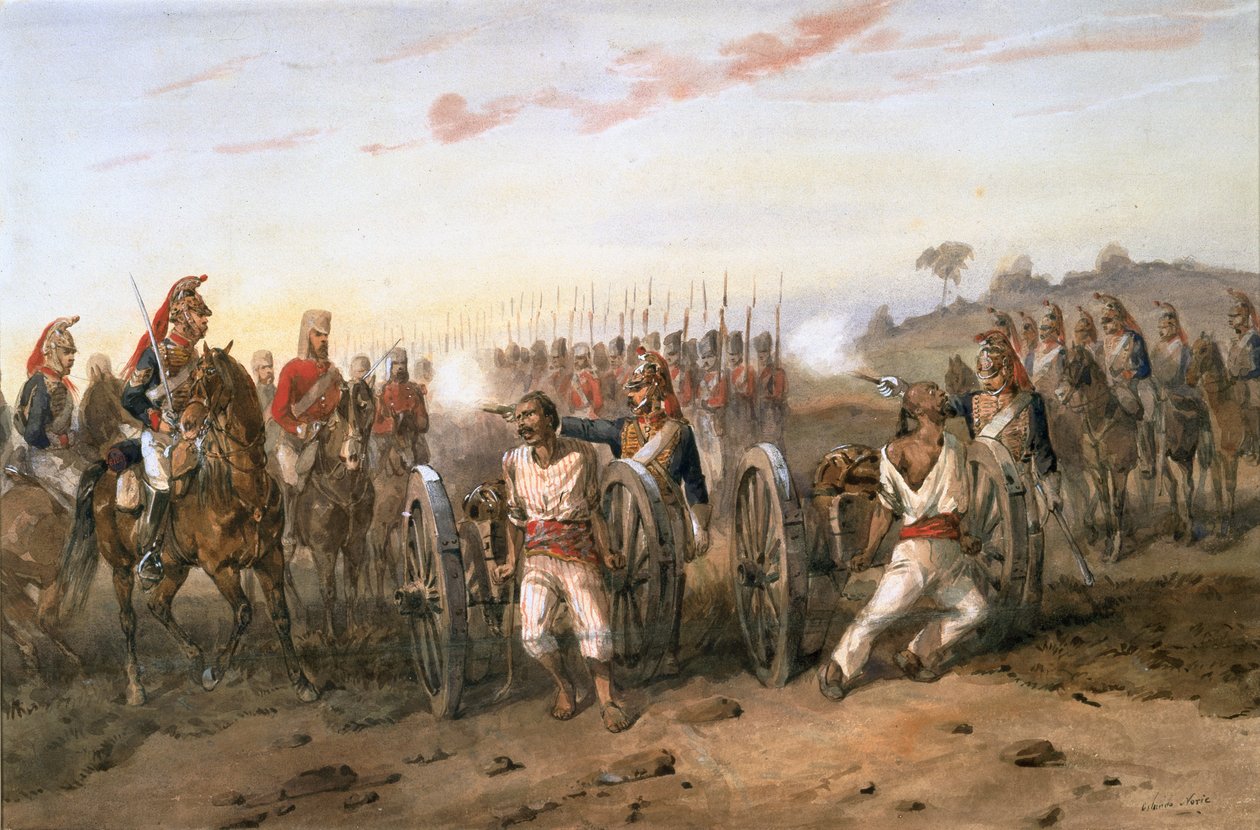 المتمردون على وشك أن يتم تفجيرهم من البنادق بواسطة مدفعية البنغال هورس ، حوالي 1858 (ألوان مائية على الورق) بواسطة أورلاندو نوري