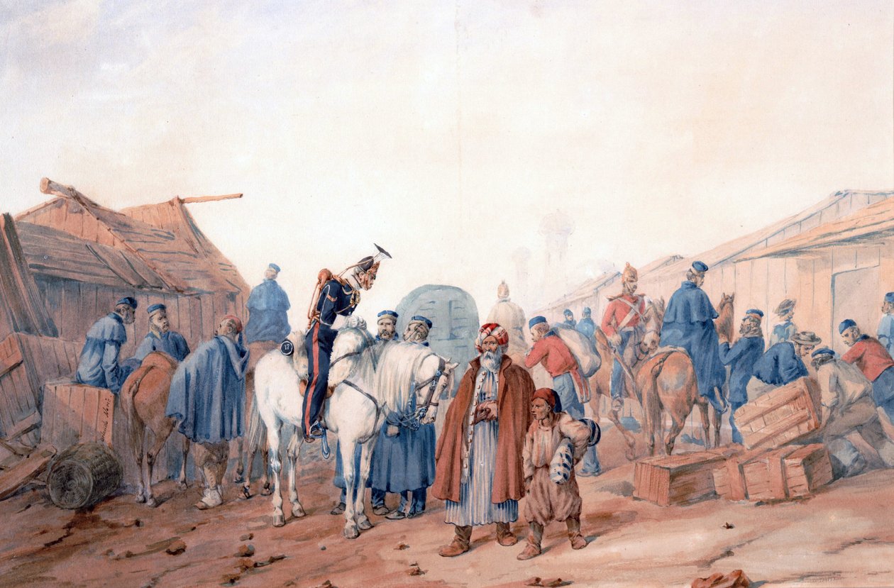قاعدة إمداد الجيش البريطاني في ميناء بالاكلافا (بالاكلافا) - نوري ، أورلاندو (1832-1901) - 1854 - ألوان مائية على الورق - 36،3 × 52،6 - مجموعة خاصة بواسطة أورلاندو نوري