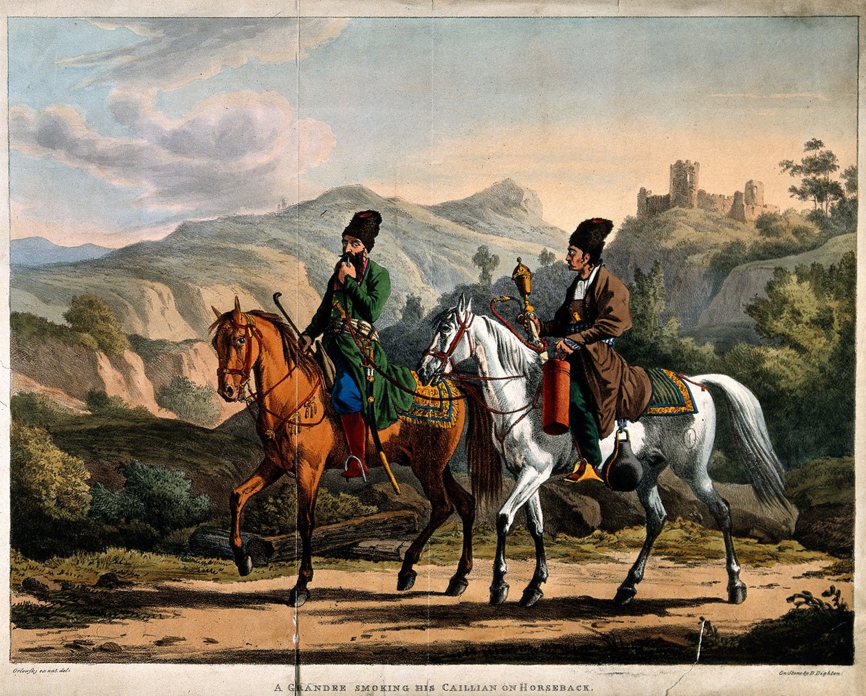 فارسي يدخن النرجيلة على ظهور الخيل ، حوالي 1820 بواسطة أورلوفسكي