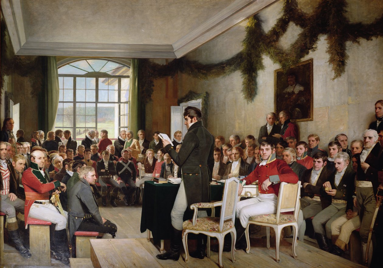 أقرت الجمعية الوطنية في Eidsvoll الدستور النرويجي في عام 1814 بواسطة أوسكار أرنولد ويرجلاند