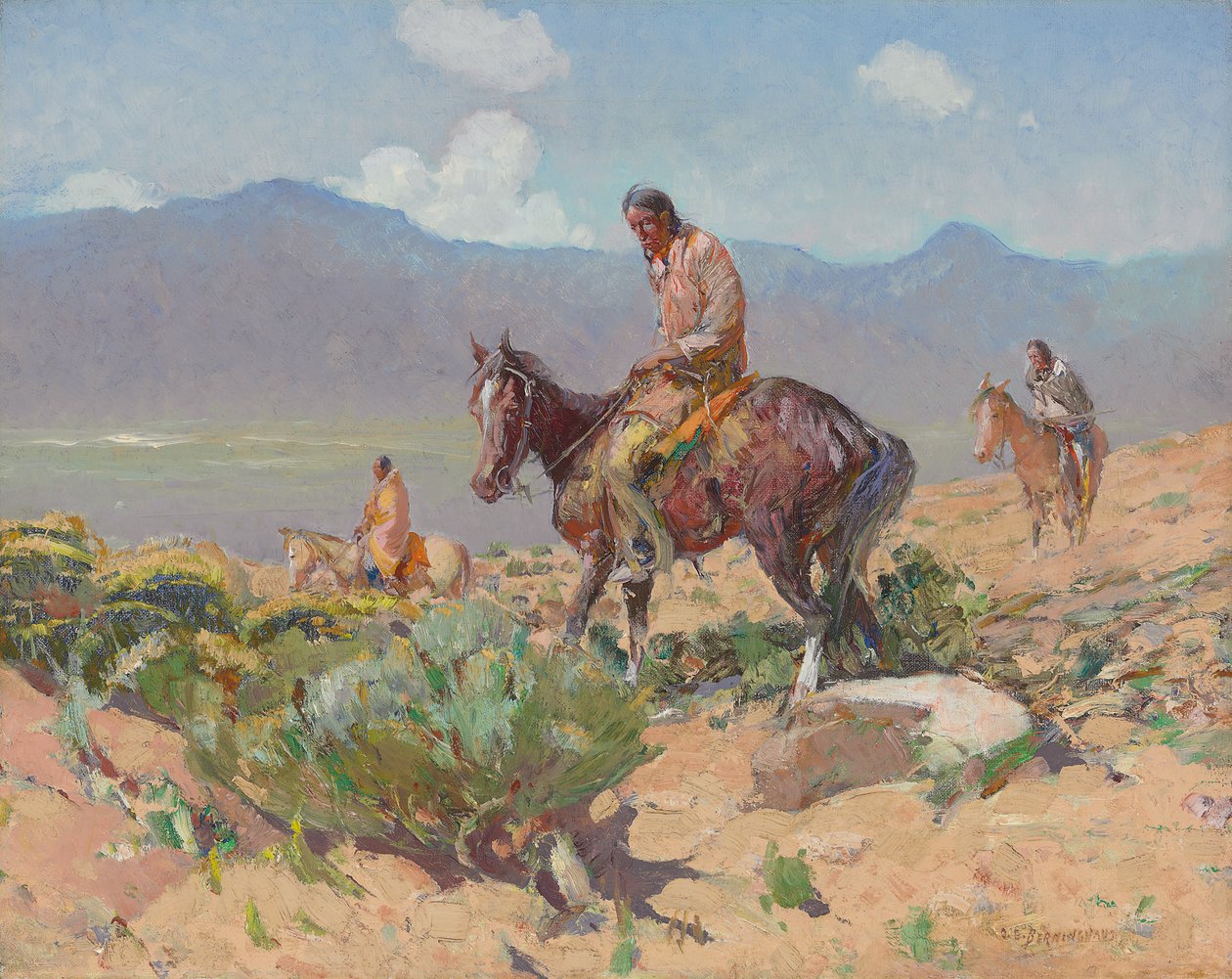الهنود على ظهور الخيل (مطاردة الصيف) (زيت على قماش) بواسطة أوسكار إدوارد بيرنينغهاوس