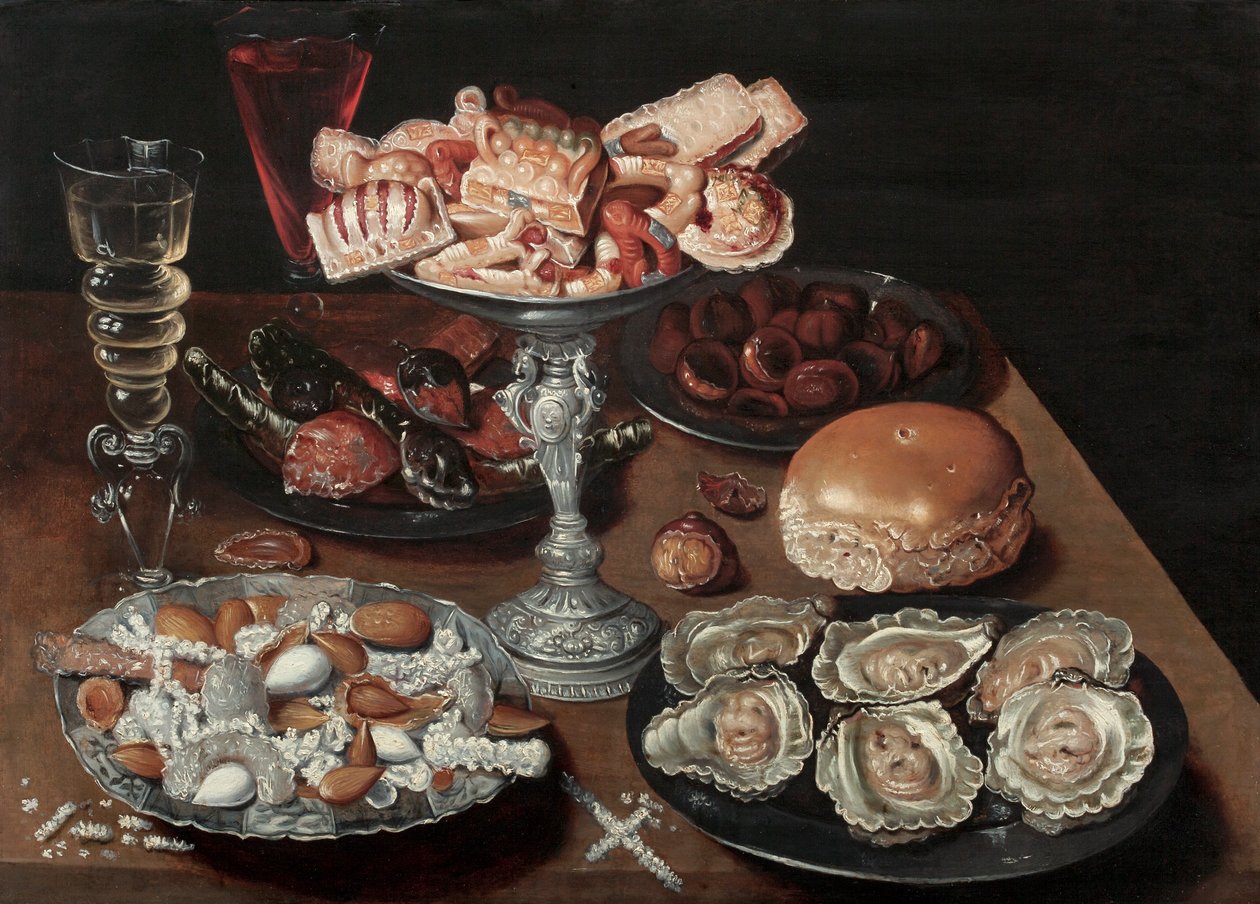 اللوز والمحار والحلويات والكستناء والنبيذ على طاولة خشبية ، c.1605-30 بواسطة أوسياس الأكبر بيرت