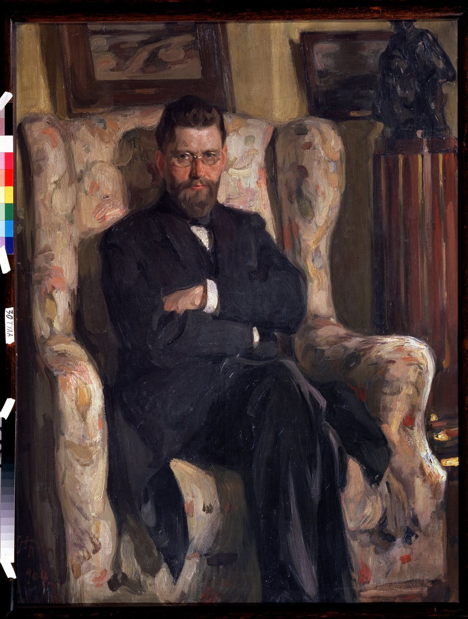 "" صورة لجامع الأعمال الفنية Alexis (AA) Bakhrushin (1865-1929) "" (صورة شخصية لهواة التجميع Alexey A. Bakhrushin) لوحة رسمها Osip Emmanuilovich Braz (1872-1936) 1904 متحف الدولة للفنون في تولا (تولا) بواسطة أوسيب إيمانويلوفيتش براز