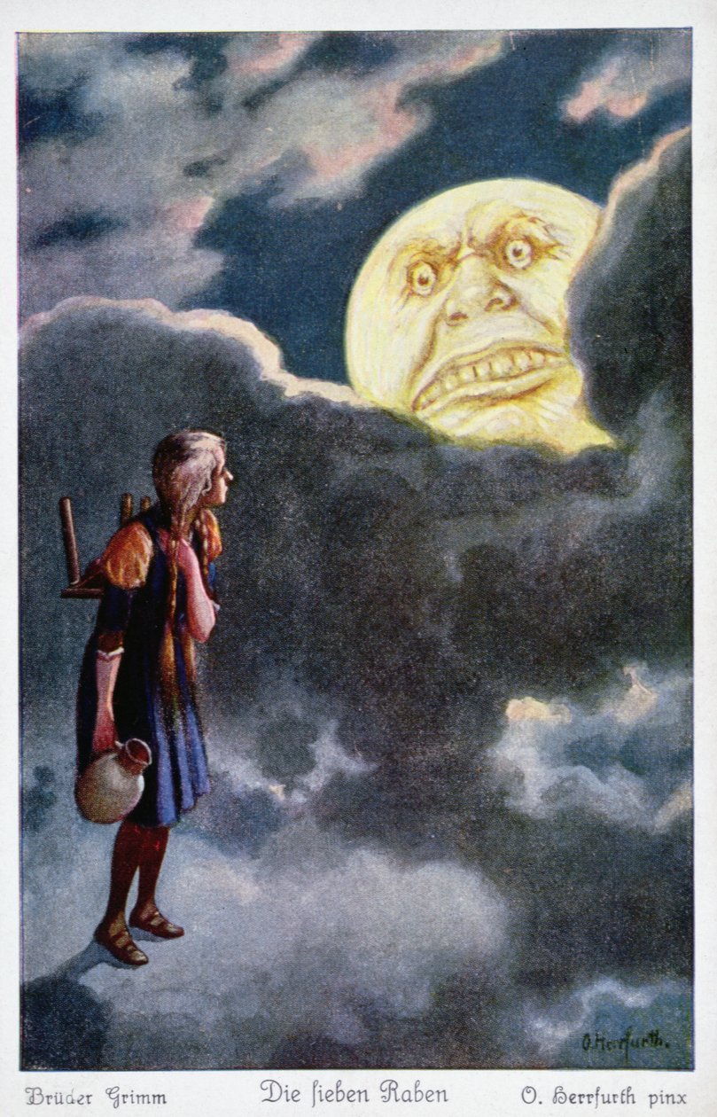القمر يهدد بتناول الفتاة الصغيرة التي تحاول إنقاذ أخوتها ، رسم توضيحي من The Seven Ravens بواسطة Grimm Brothers بواسطة أوسكار هيرفورث