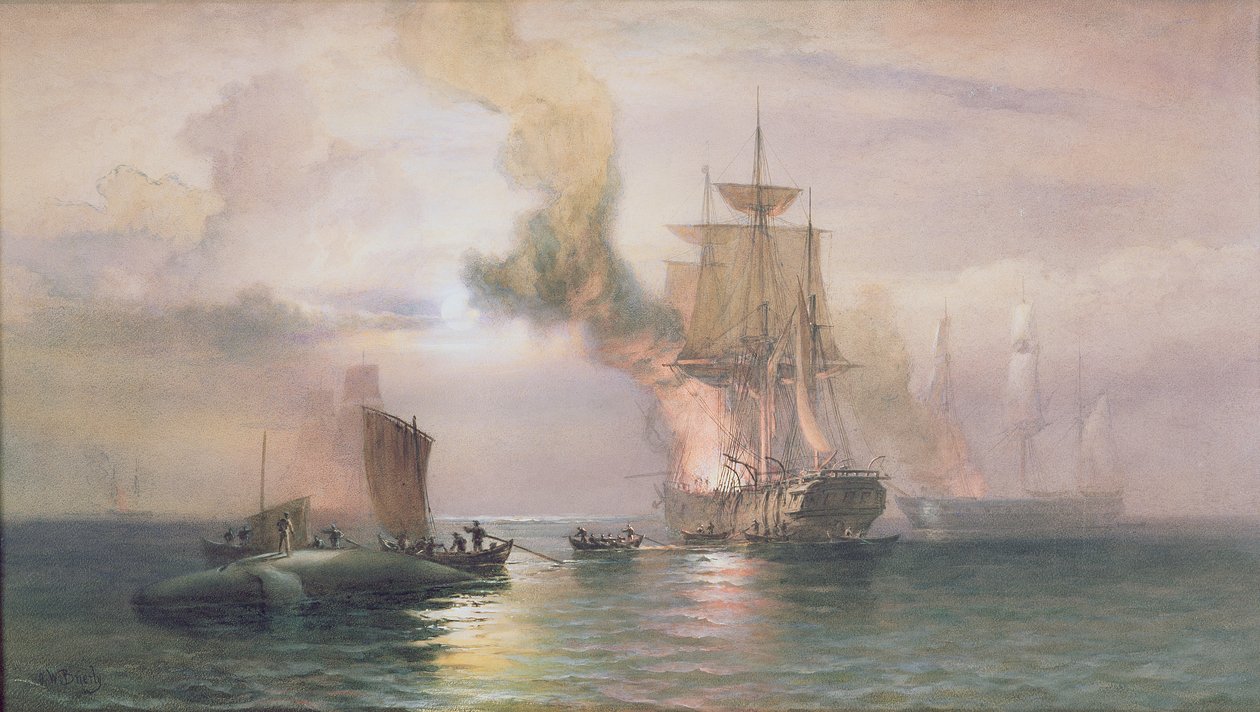 الحيتان في بحر الجنوب تغلي دهن ، مع الحوت جنبًا إلى جنب ، 1875-85 بواسطة أوزوالد والترز بريرلي