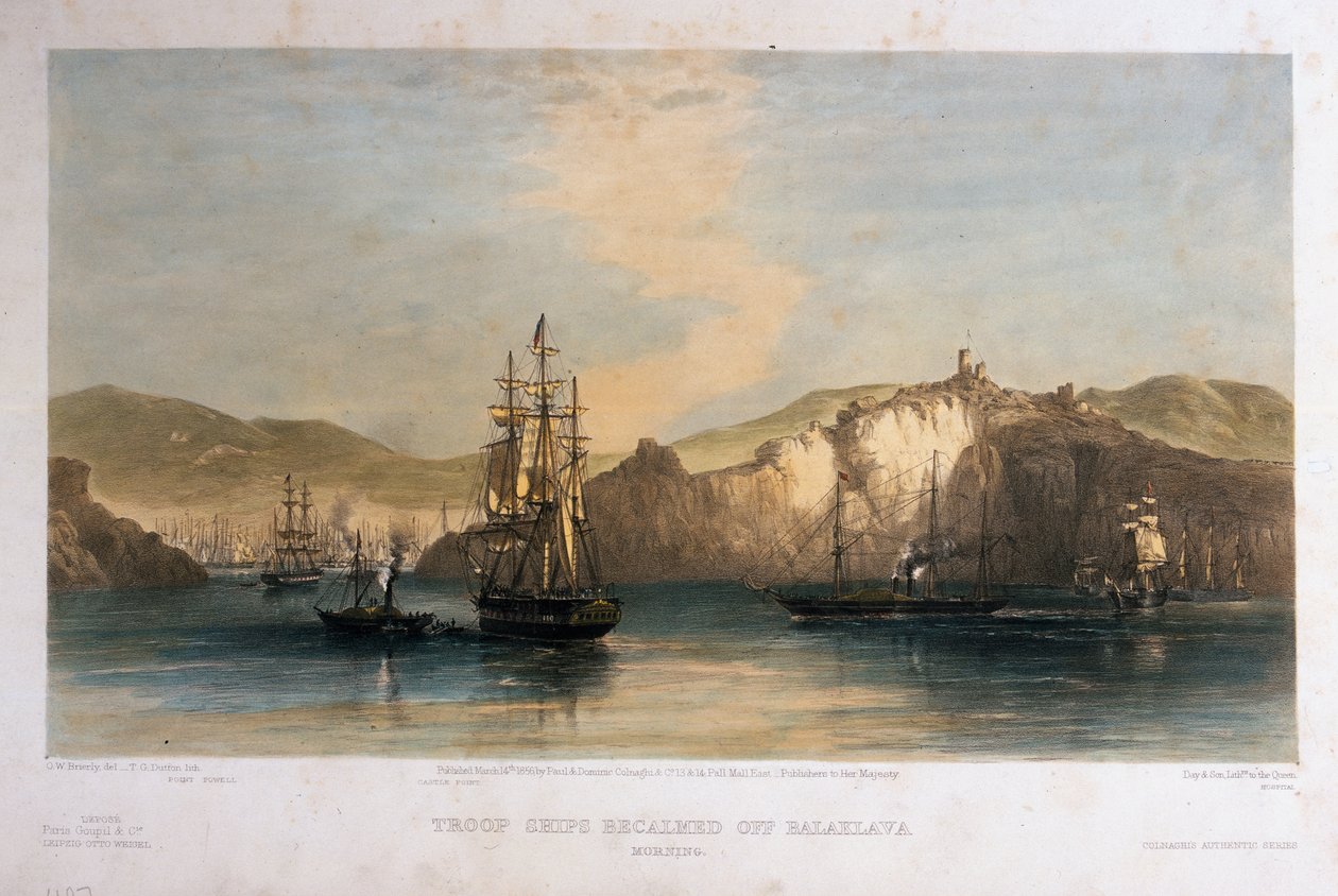 هبطت سفن القوات قبالة بالاكلافا ، الصباح ، منقوشة بواسطة TG Dutton ، نشرتها شركة Colnaghi und Co. ، 1855 بواسطة أوزوالد والترز بريرلي