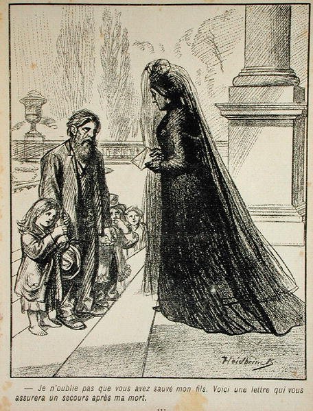 لن أنسى أنك أنقذت ابني. إليكم رسالة تؤكد أنه سيتم الاعتناء بك بعد وفاتي. من lasiette au Beurre، 1901 بواسطة أوزوالد بعد هيدبرينك