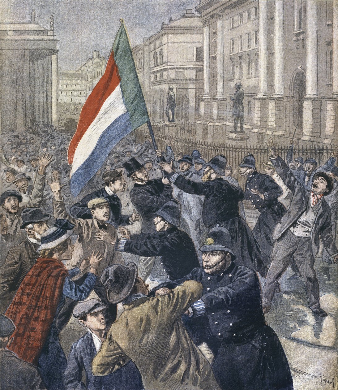 أيرلندا ، مظاهرة ضد تشامبرلين ، صورة توضيحية من "Le Petit Journal: Supplement illustre" ، 31 ديسمبر 1899 بواسطة أوزوالدو توفاني