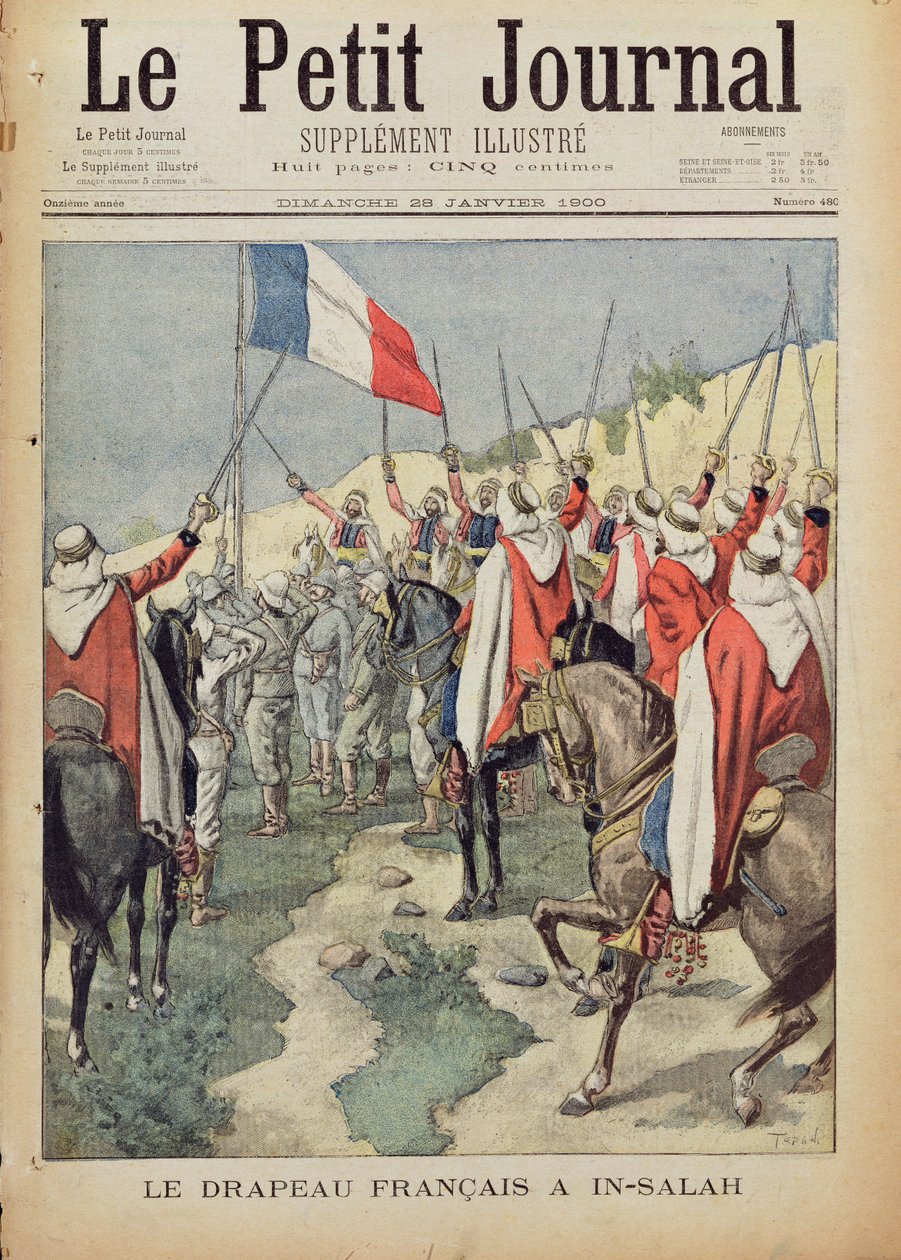 العلم الفرنسي في مدينة صلاح ، 10 يناير 1900 ، صفحة العنوان من مجلة Le Petit Journal ، 28 يناير 1900 (نقش ملون) بواسطة أوزوالدو توفاني