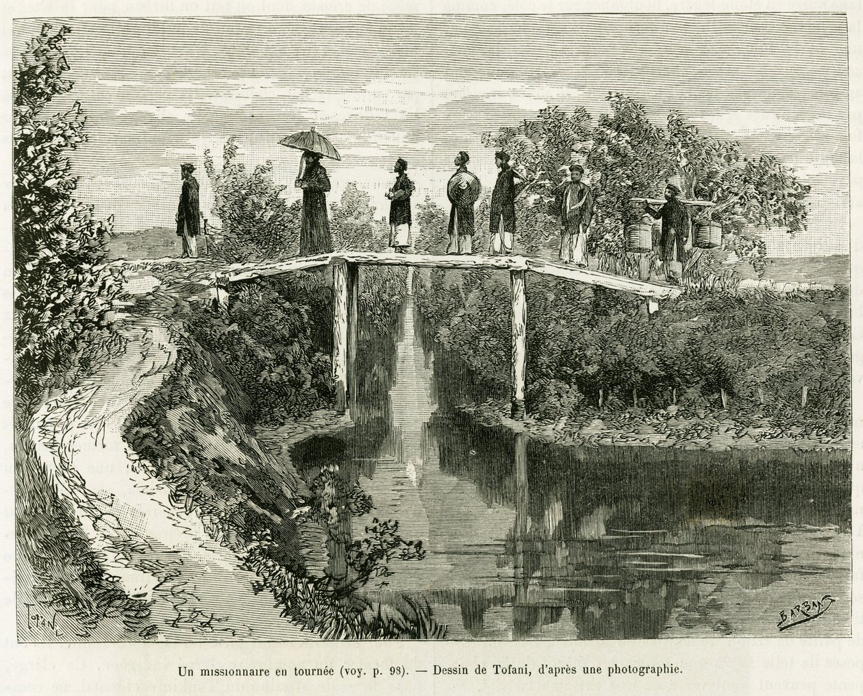 مبشر بدوره. نقش بواسطة توفاني ، لتوضيح قصة Trente mois au Tonkin ، في عام 1884 ، بواسطة الدكتور بول هوكوارد ، في le Tour du monde 1890 ، تحت إشراف Edouard Charton (1807-1890) ، Hachette ، باريس. بواسطة أوزوالدو توفاني