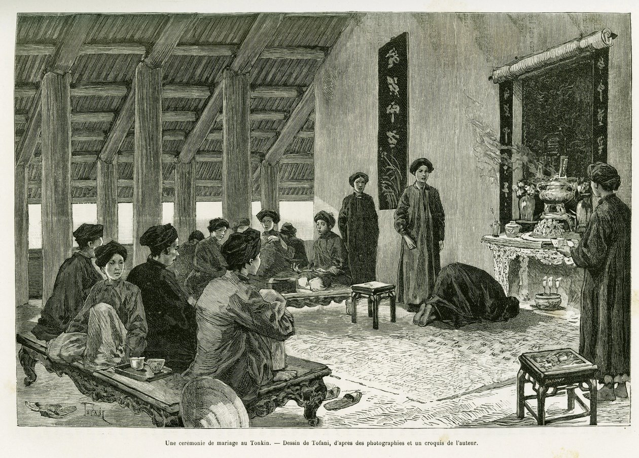 حفل زفاف في تونكين. نقش لتوفاني ، لتوضيح قصة Trente mois au Tonkin ، في عام 1884 ، بواسطة الدكتور بول هوكوارد ، في le Tour du monde 1890 ، تحت إشراف Edouard Charton (1807-1890) ، Hachette ، باريس. بواسطة أوزوالدو توفاني