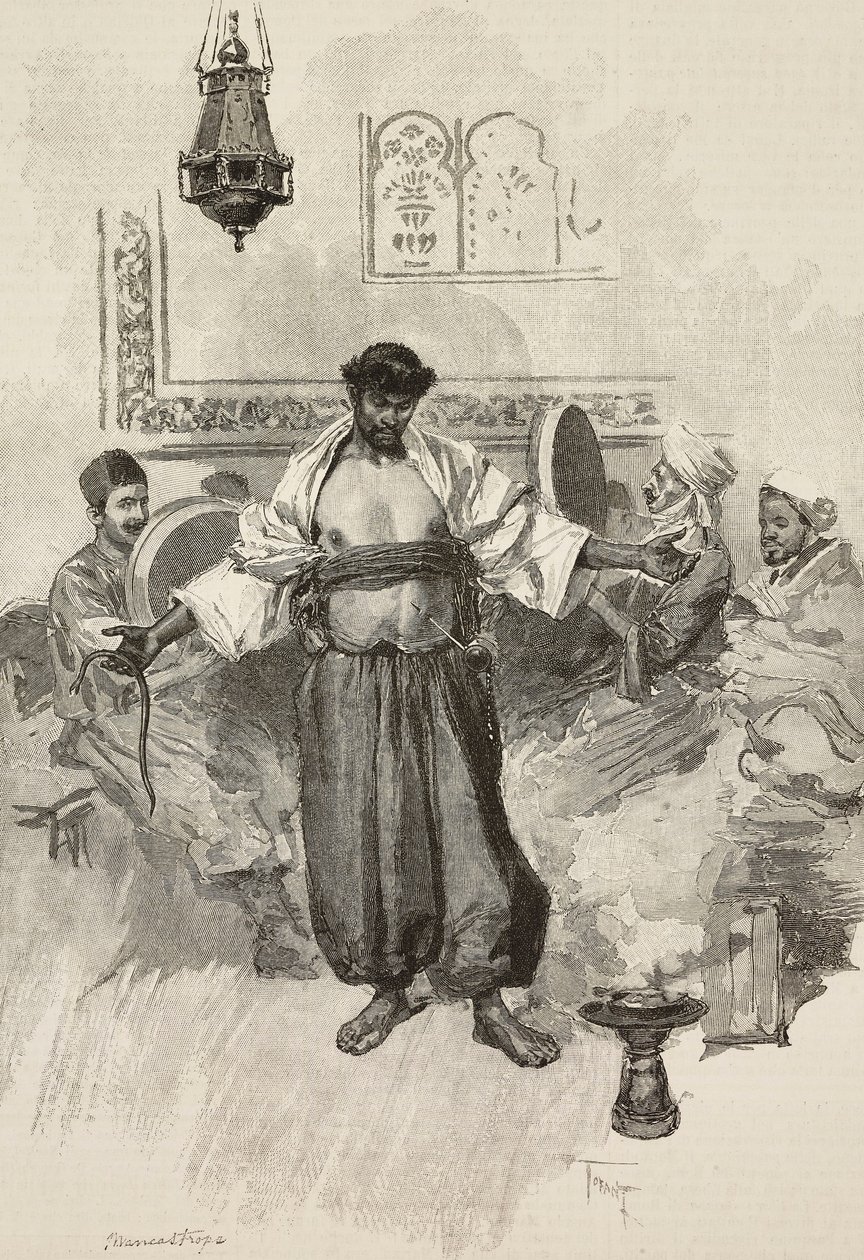 Aissawa dance, Moroccan religious brotherhood, at Universal Exposition of 1889, Paris, France, engraving by E Mancastroppa from drawing by Osvaldo Tofani from L