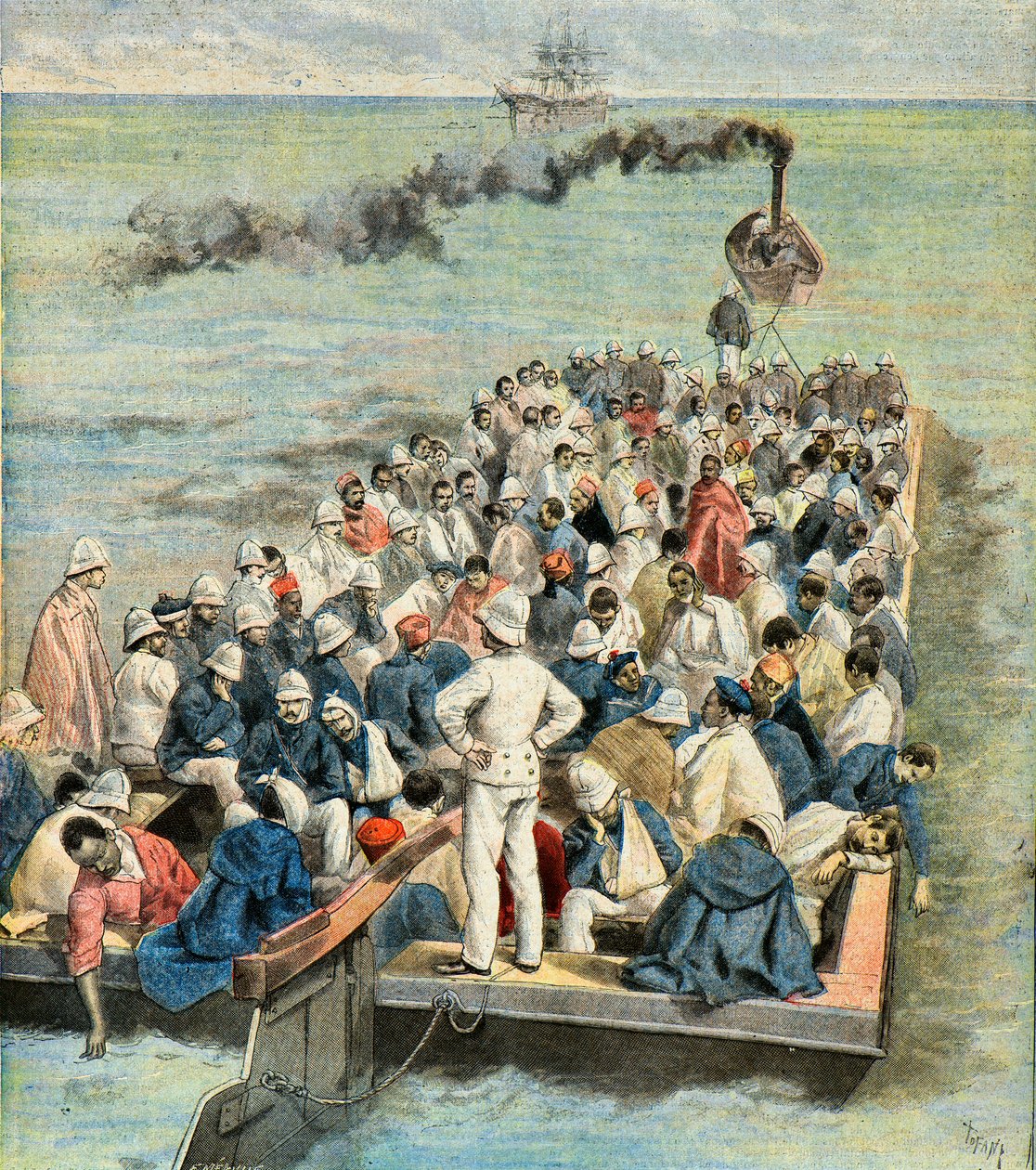 الصعود على متن مستشفى السفينة لجرحى بعثة مدغشقر عام 1896 (نقش) بواسطة أوزوالدو توفاني