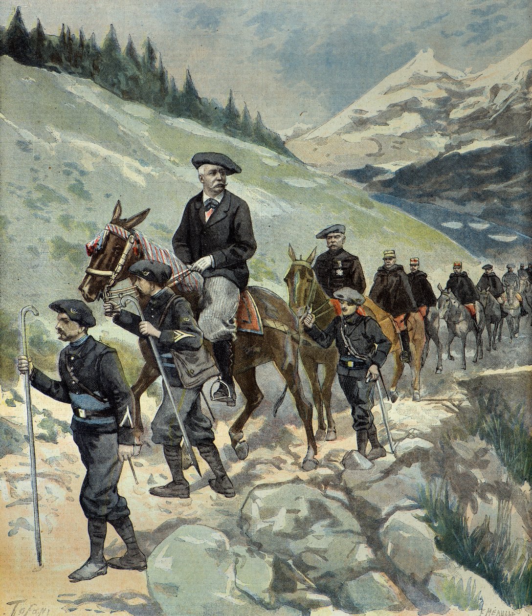 فيليكس فور مع صيادي جبال الألب في رحلة إلى جبال الألب عام 1897 (نقش) بواسطة أوزوالدو توفاني