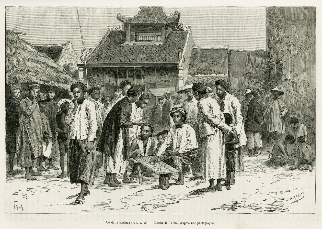 لعبة sapeque. نقش لتوفاني ، لتوضيح قصة Trente mois au Tonkin ، في عام 1884 ، بواسطة الدكتور بول هوكوارد ، في le Tour du monde 1890 ، تحت إشراف Edouard Charton (1807-1890) ، Hachette ، باريس. بواسطة أوزوالدو توفاني