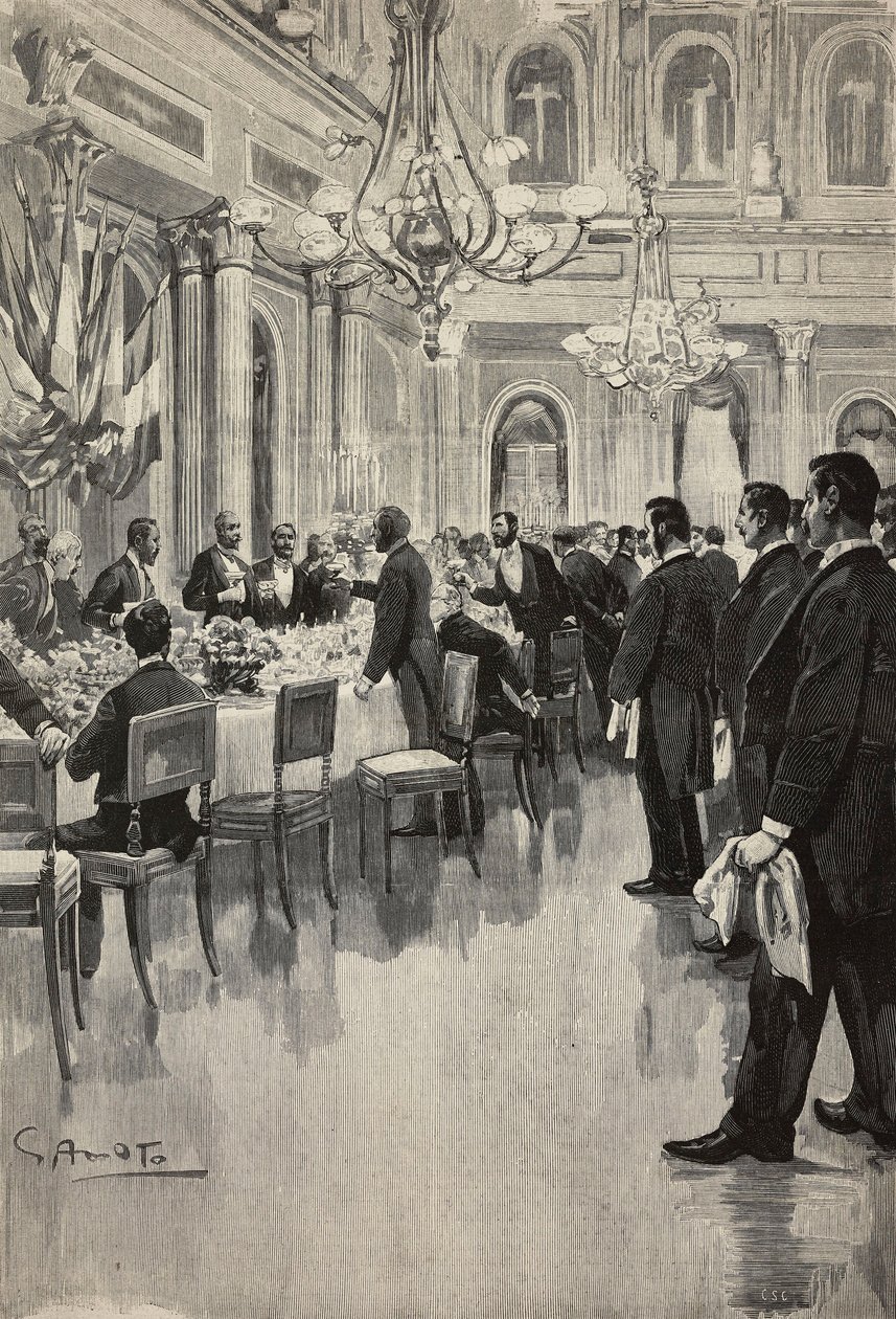 Italian diplomats toasting together, Paris, France, engraving from drawing by Gennaro Amato, from sketch by Osvaldo Tofani, from L