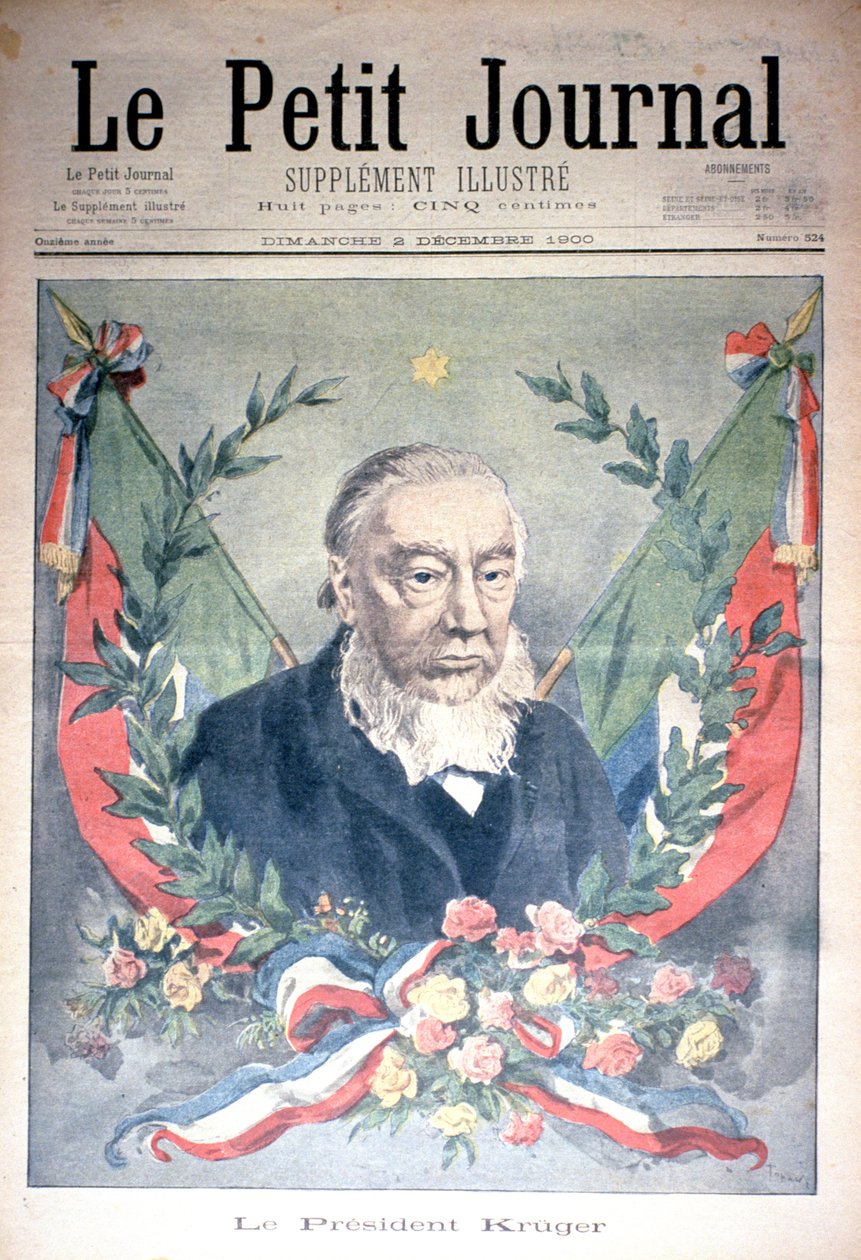 الرئيس كروغر ، الغلاف الأمامي لـ "Le Petit Journal" ، 2 ديسمبر 1900 (نقش ملون) بواسطة أوزوالدو توفاني