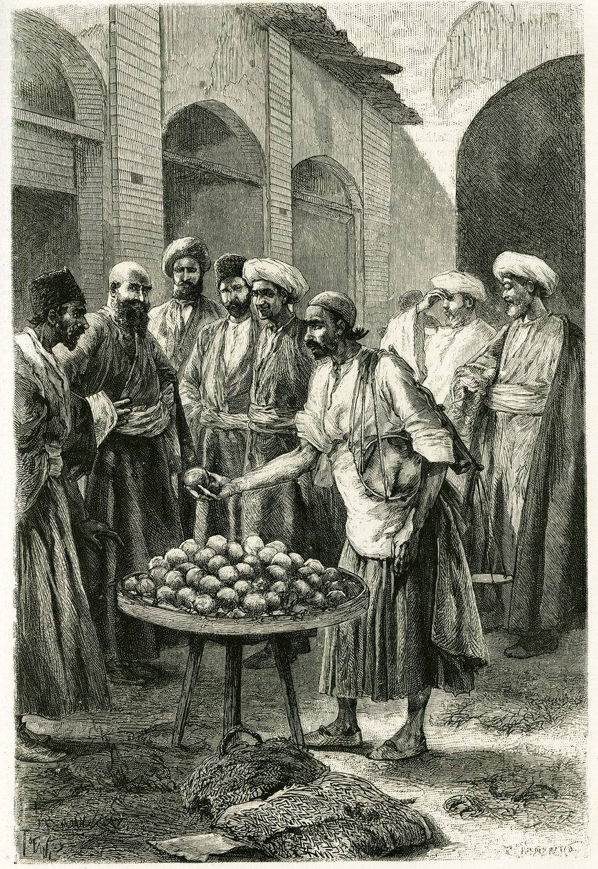 تاجر صيد الأسماك في كاتشان (أو كاشان ، في محافظة طهران ، إيران الحالية). نقش توفاني ، من صورة فوتوغرافية ، لتوضيح قصة "بلاد فارس ، تشالدي وسوسيان" في 1881-1882 ، بواسطة جين ديولافوي (ني ماغري) بواسطة أوزوالدو توفاني