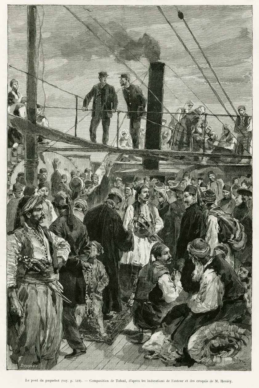 سطح السفينة. نقش لتوفاني لتوضيح قصة رحلة إن ثيسالي في عام 1882 ، بقلم بول مونسو ، في جولة موندي 1887 ، من إخراج إدوارد شارتون (1807-1890) ، هاشيت ، باريس. بواسطة أوزوالدو توفاني