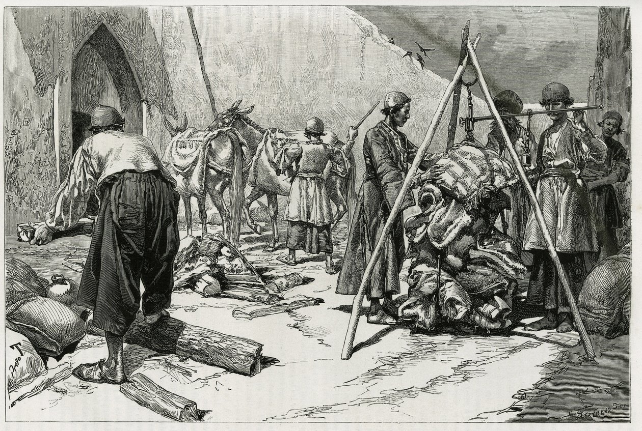 وزن الأمتعة قبل مغادرة Delafoy Bridal Expedition. نقش طوفاني لتوضيح قصة "بلاد فارس وشالدي وسوسيان" بواسطة أوزوالدو توفاني