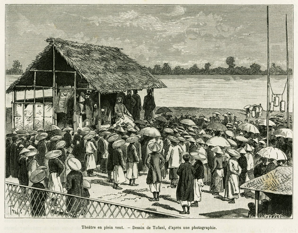 المسرح في مهب الريح. نقش لتوفاني ، بعد صورة فوتوغرافية ، لتوضيح قصة Trente mois au Tonkin ، في عام 1884 ، بواسطة الدكتور بول هوكوارد ، في le Tour du monde 1890 ، تحت إشراف Edouard Charton (1807-1890) ، Hachette ، باريس. بواسطة أوزوالدو توفاني