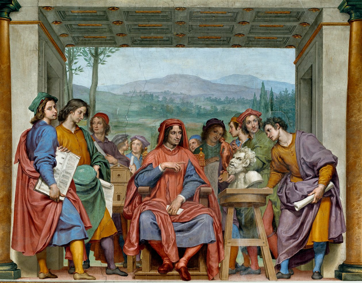 Laurent de Medici (1449-1492) (Laurent the Magnificent: Lorenzo il Magnifico) جالسًا وسط فناني فلورنسا ، معجب برأس حيوانات مايكل أنجلو (مايكل أنجلو ، ميشيل أنج). فريسكو لأوتافيو فانيني (1585-1643). 1635 تقريبا سالا بواسطة أوتافيو فانيني