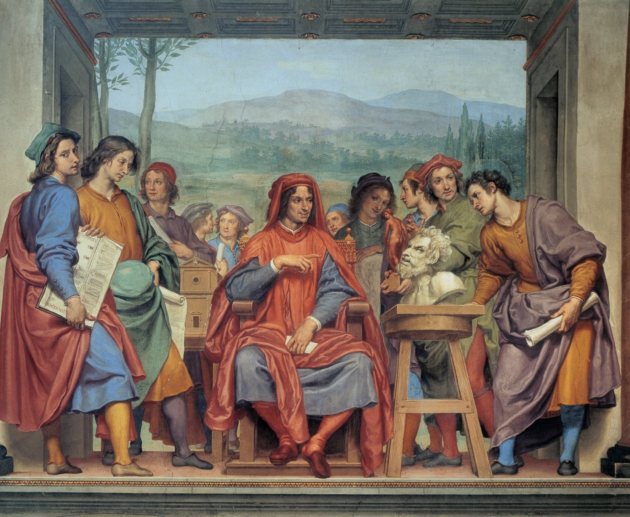 لوران دي ميديتشي (1449 - 1492) (لوران العظيم: لورنزو إيل ماجنيفيكو) جالسًا في وسط الفنانين، لوحة جدارية لأوتافيو فانيني (1585 1643) - متحف ديجلي أرجينتي، فلورنسا بواسطة أوتافيو فانيني