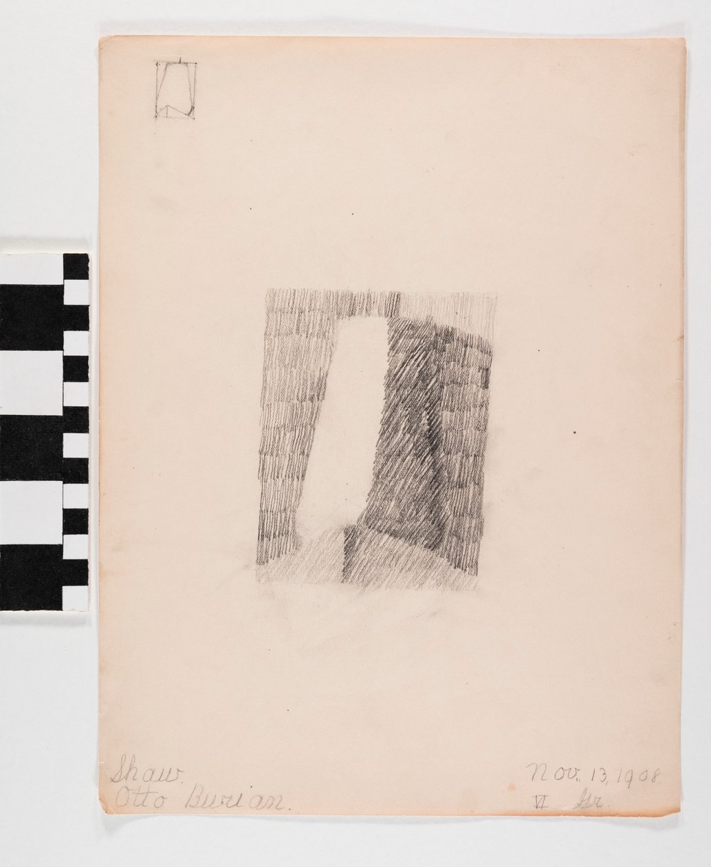 رسم بالقلم الرصاص على ورق المدخل مع تظليل في المنتصف ومخطط صغير لمدخل في الزاوية اليمنى العليا من الصفحة بواسطة أوتو بوريان
