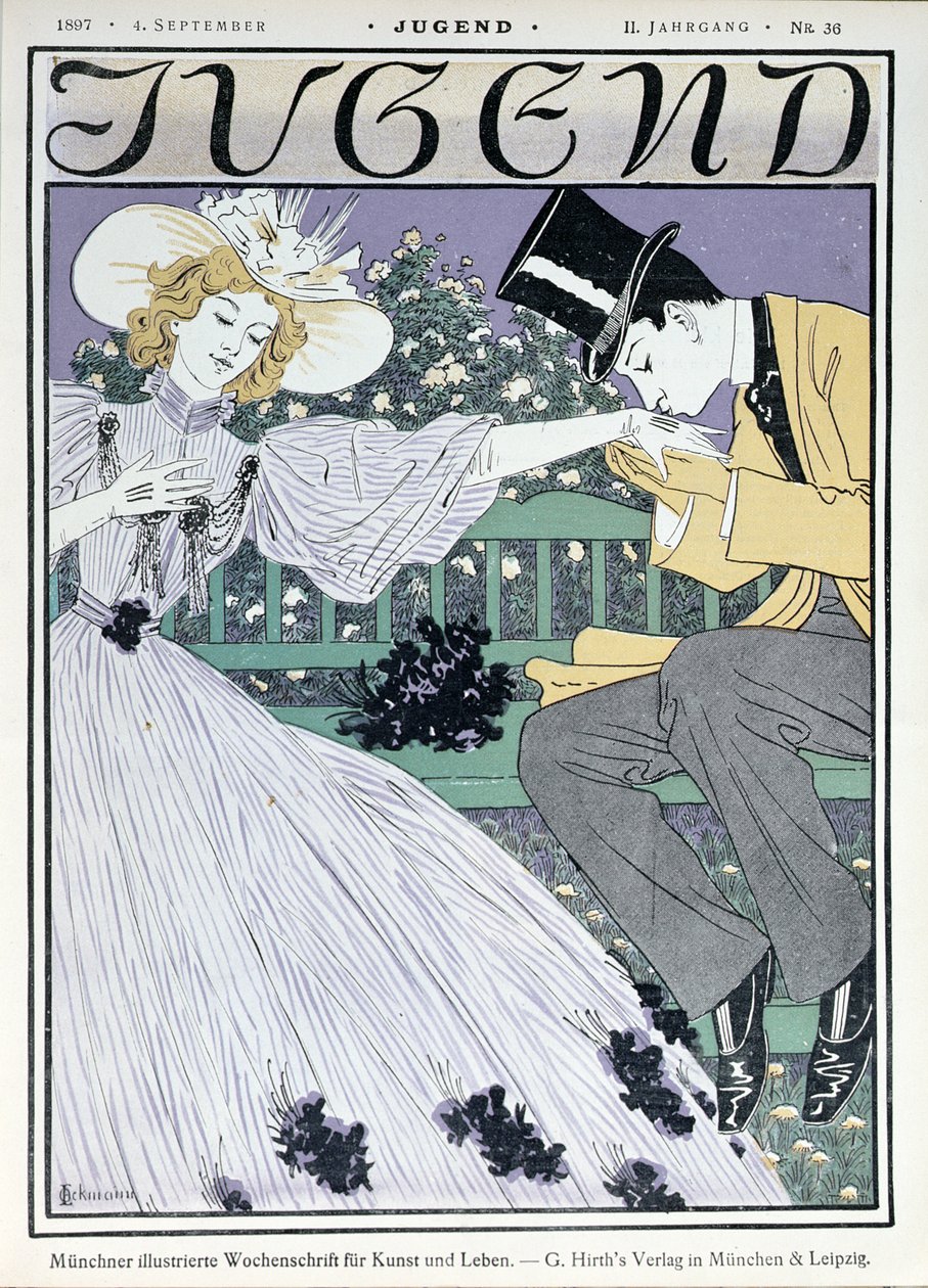 عشاق على مقعد ، صورة توضيحية لمجلة &39;Jugend&39; ، ميونيخ ، 4 سبتمبر 1897 بواسطة أوتو إيكمان