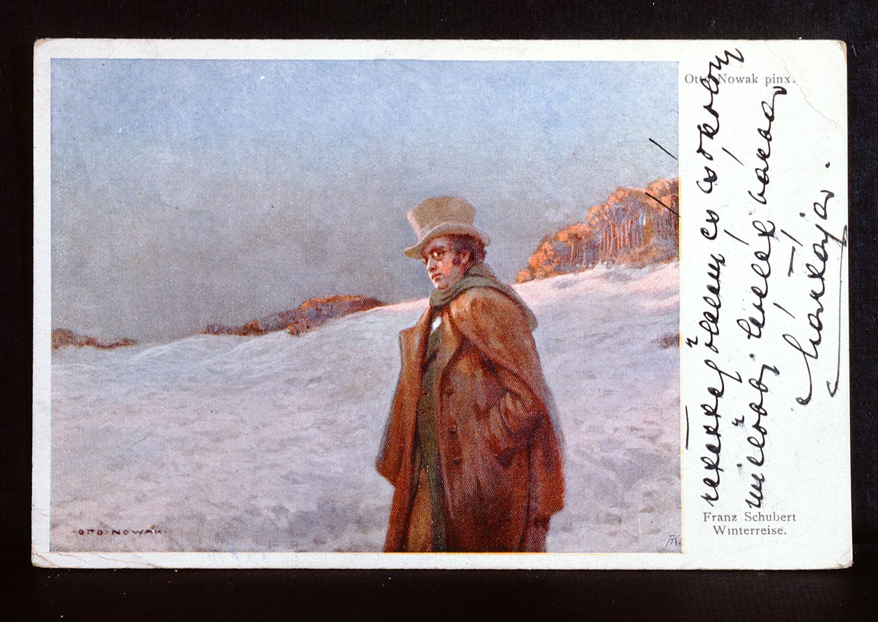 بطاقة بريدية من فيينا تصور فرانز بيتر شوبرت (1797-1828) وتوضح دورة أغنيته "Winterreise" ، ج .1910 بواسطة أوتو روبرت نواك