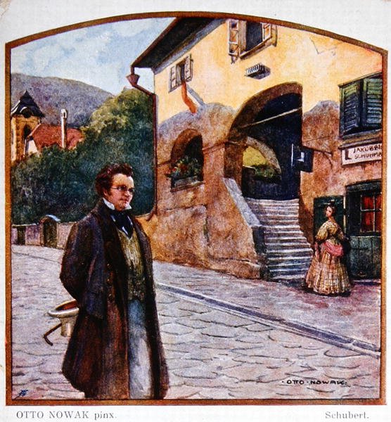 فرانز بيتر شوبرت (1787-1828) أمام منزل صانع الأحذية ، حوالي 1910 (ليثو ملون) بواسطة أوتو روبرت نواك