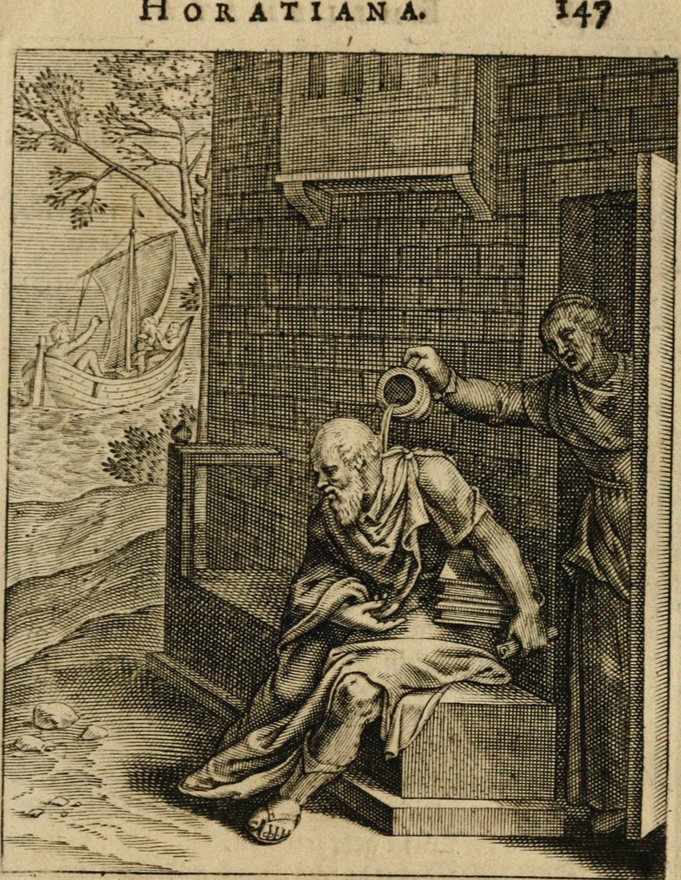 Xanthippe تفريغ وعاء الغرفة على سقراط. من Emblemata Horatiana ، 1607 بواسطة أوتو فان فين